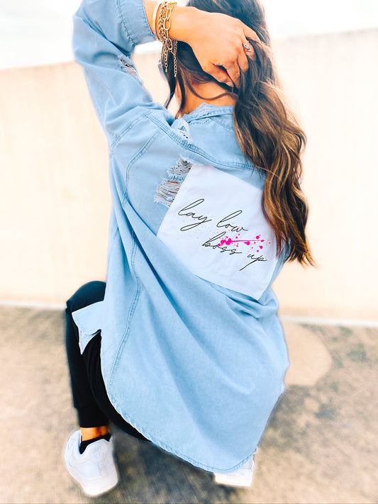 "Love Thy Haters xoxo" Distressed Denim Shacket