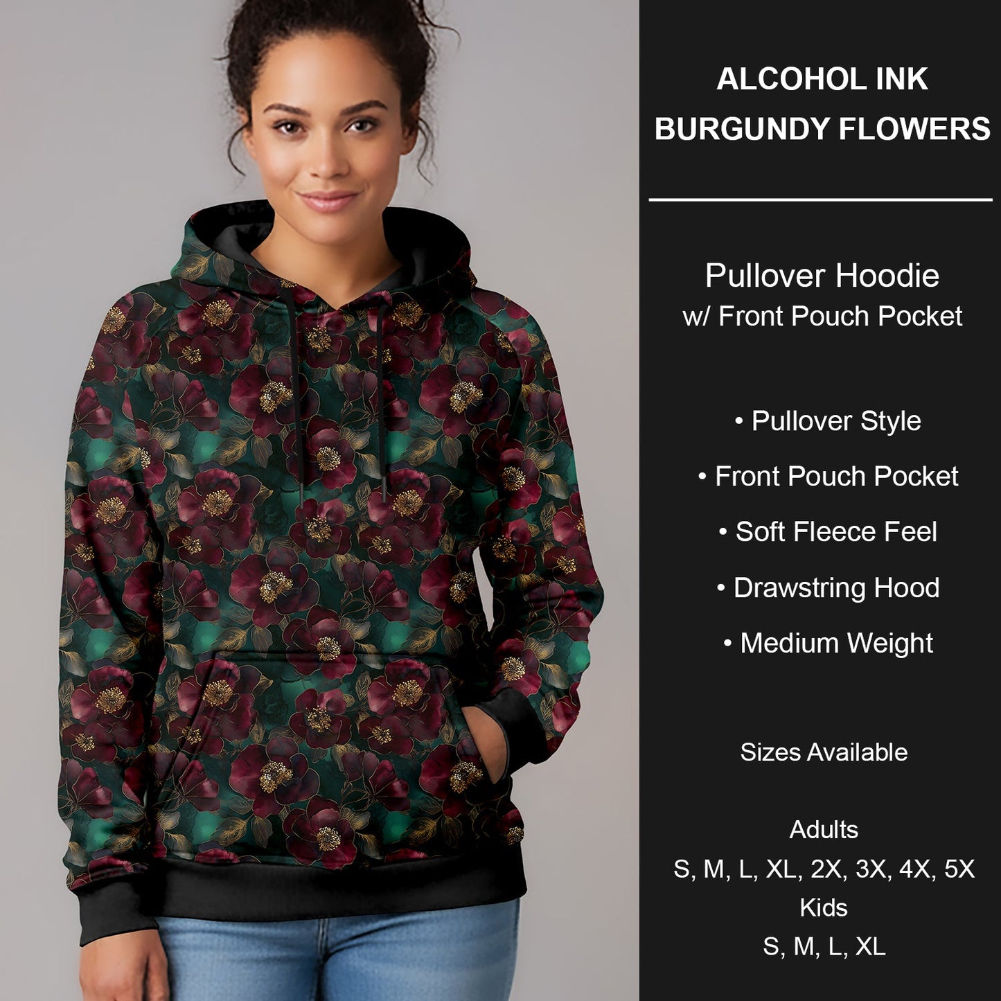 B266 - Preorder Alcohol Ink Burgundy Flowers Pullover Hoodie (Closes 12/17. ETA late Feb.)
