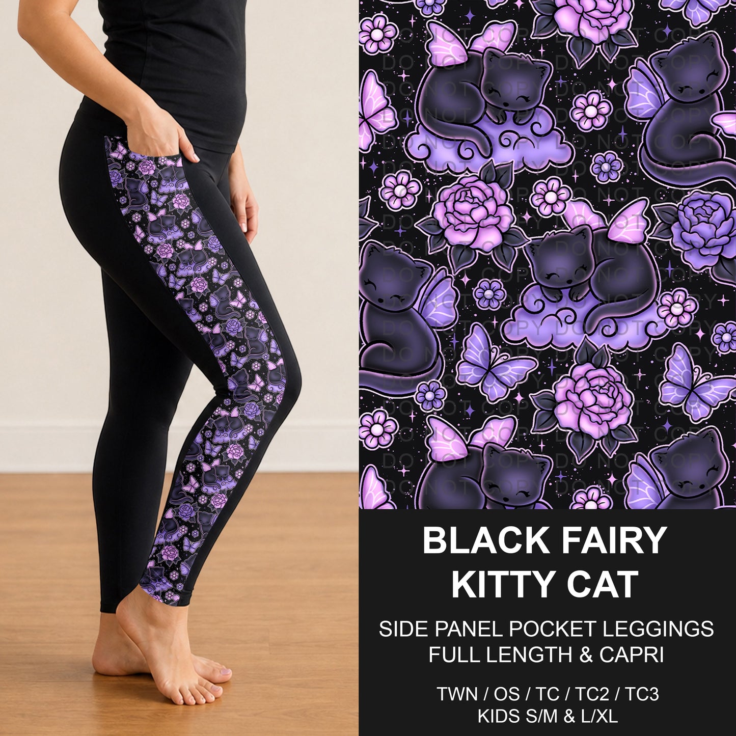 B300 - Preorder Black Fairy Kitty Cat Side Panel Pocket Leggings (Closes 7/15. ETA: mid Sept.)