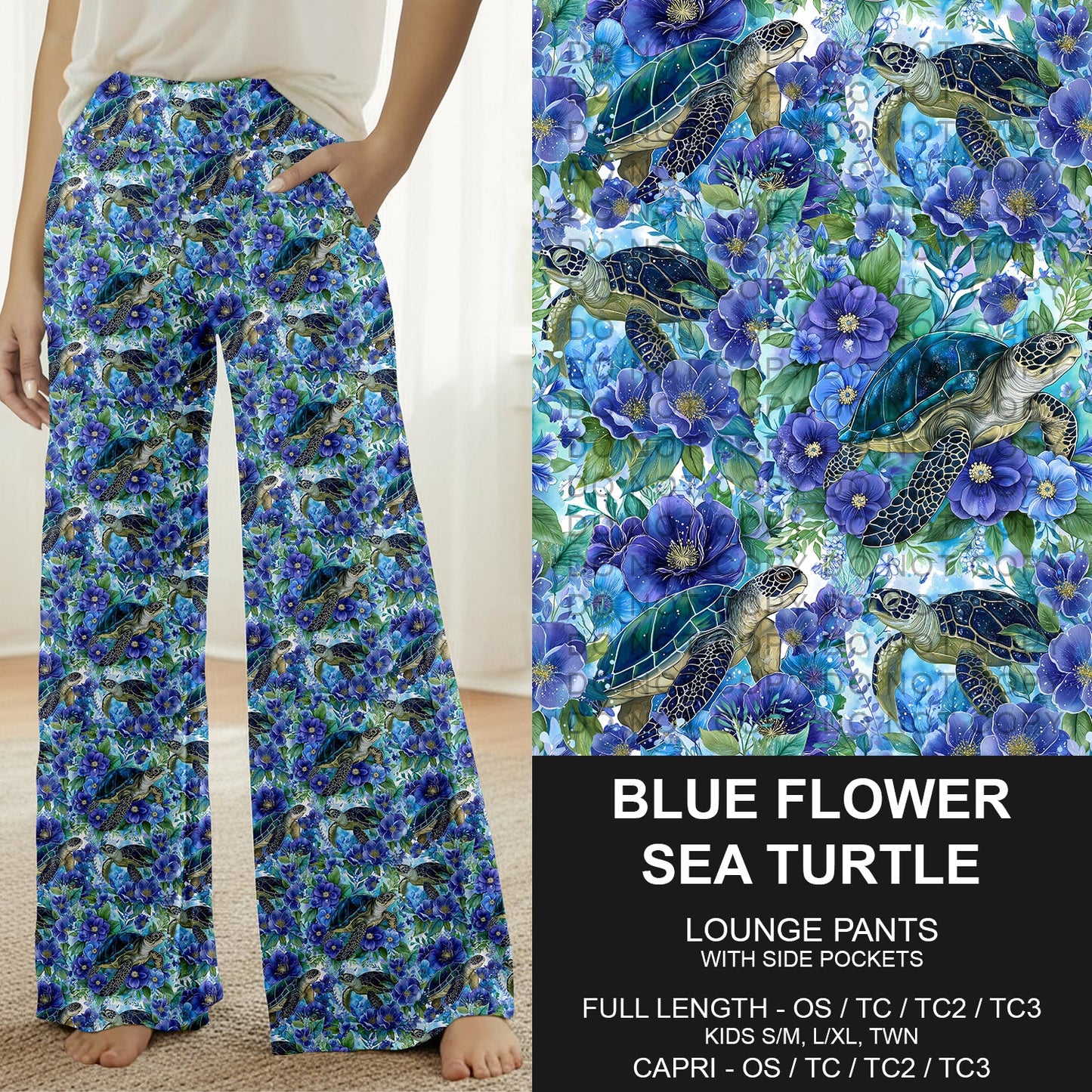 B278 - Preorder Blue Flower Sea Turtle Lounge Pants (Closes 3/15. ETA: late May)