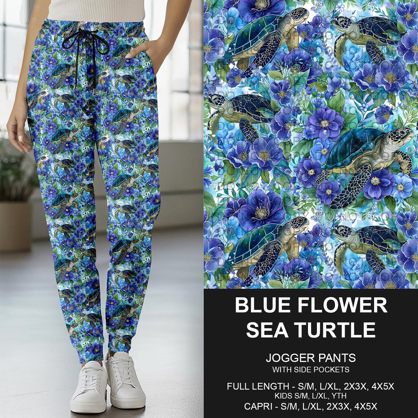 B278 - Preorder Blue Flower Sea Turtle Joggers (Closes 3/15. ETA: late May)