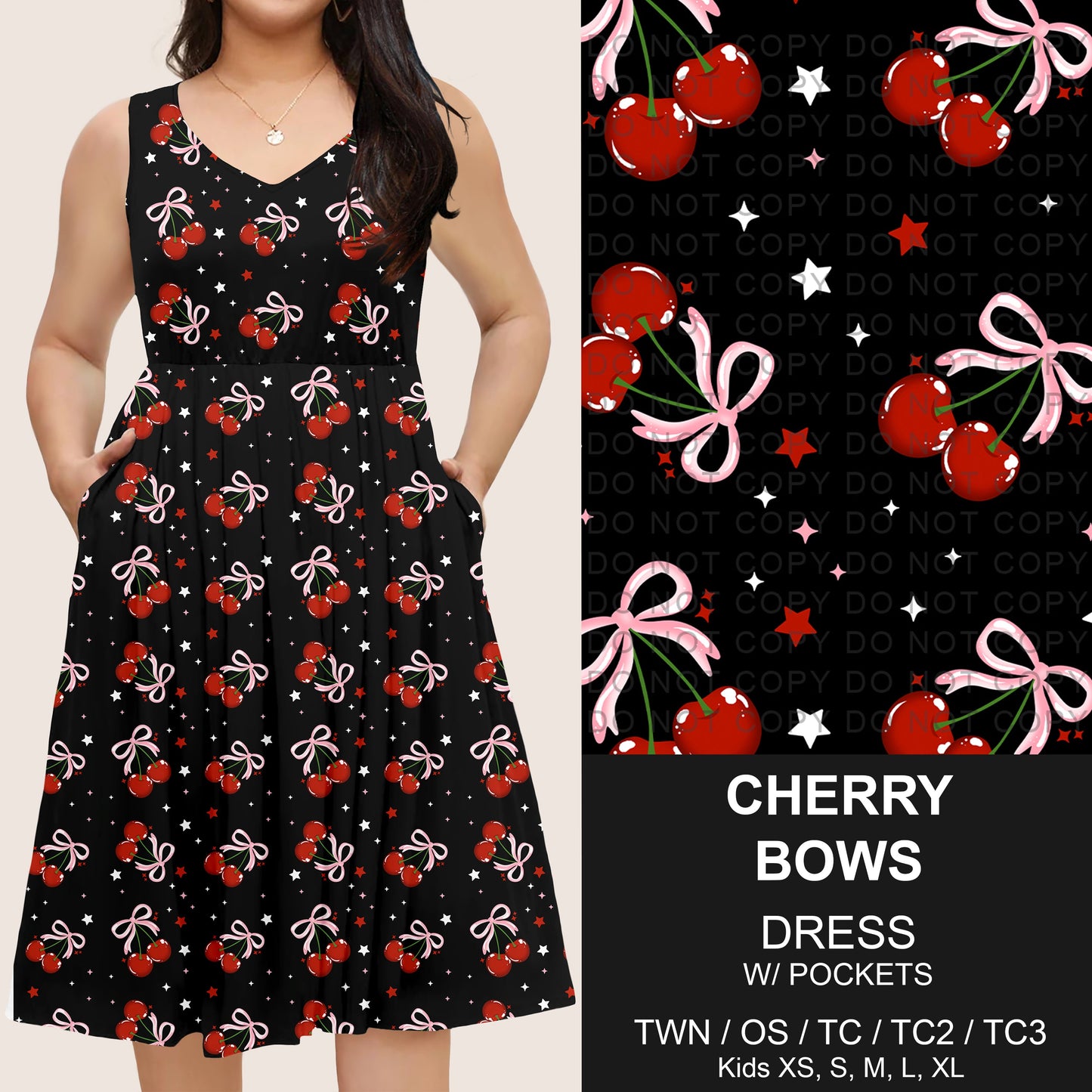 B275 - Preorder Cherry Bows Sleeveless Pocket Dress (Closes 2/25. ETA: early May)
