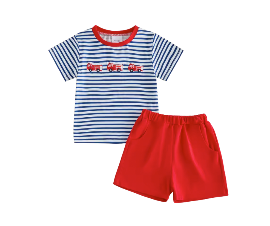Blue Striped Embroidered Firetruck Short Set