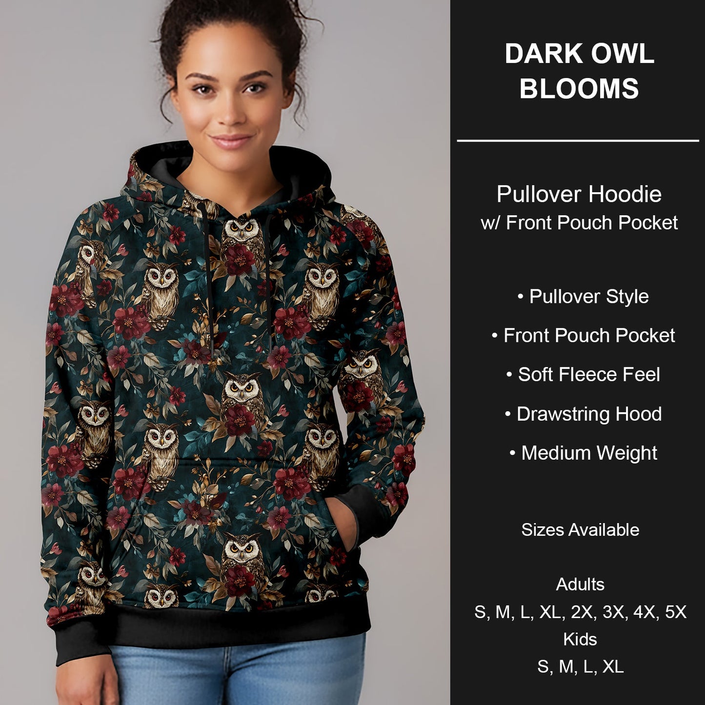 B266 - Preorder Dark Owl Blooms Pullover Hoodie (Closes 12/17. ETA late Feb.)