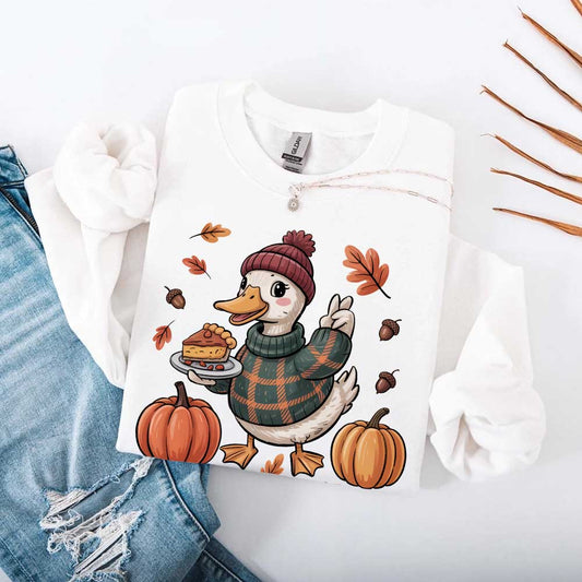 Duck Fall Sweatshirt – Cottagecore Autumn Vibes with Coffee & Pumpkins Crewneck
