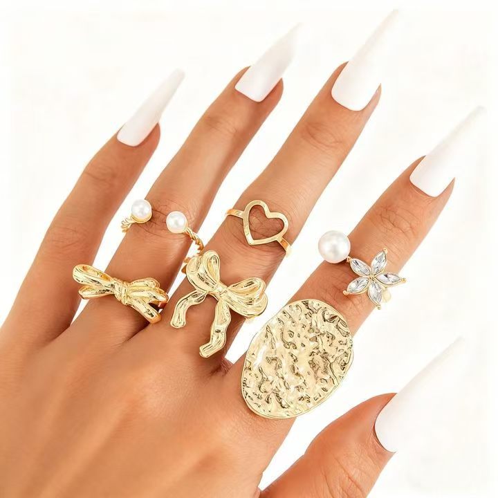 Sweetheart 6-Piece Bow & Pearl Ring Set