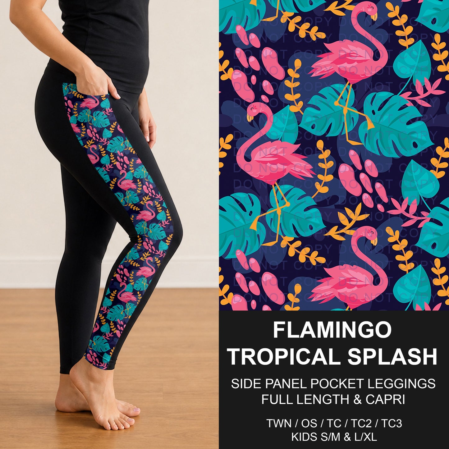 B298 - Preorder Flamingo Tropical Splash Side Panel Pocket Leggings (Closes 7/05. ETA: early Sept.)