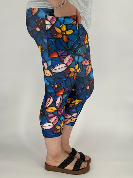 Stained Glass Floral Capri w/ Pockets