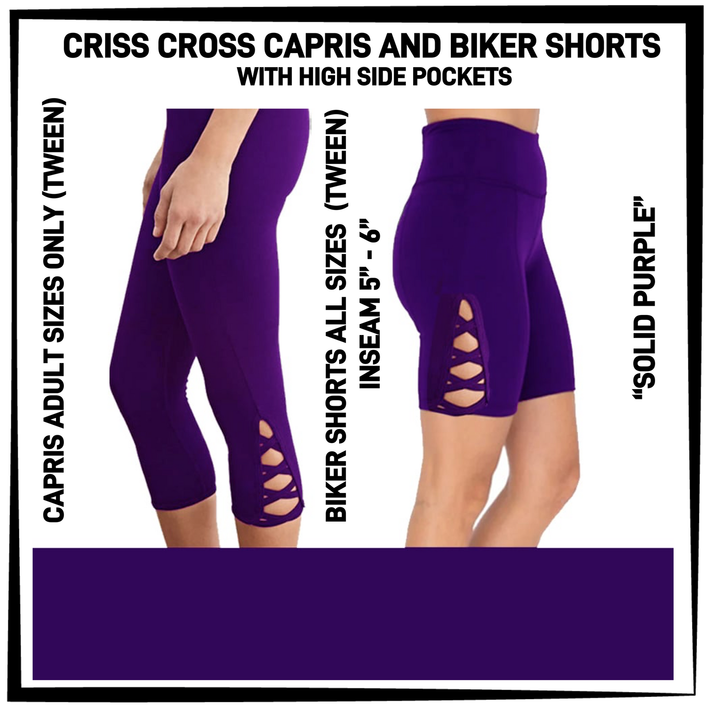 CS8S - Solid Purple Criss Cross Capris/Biker Shorts with Pockets - Preorder Closing 3/5 ETA: Early May