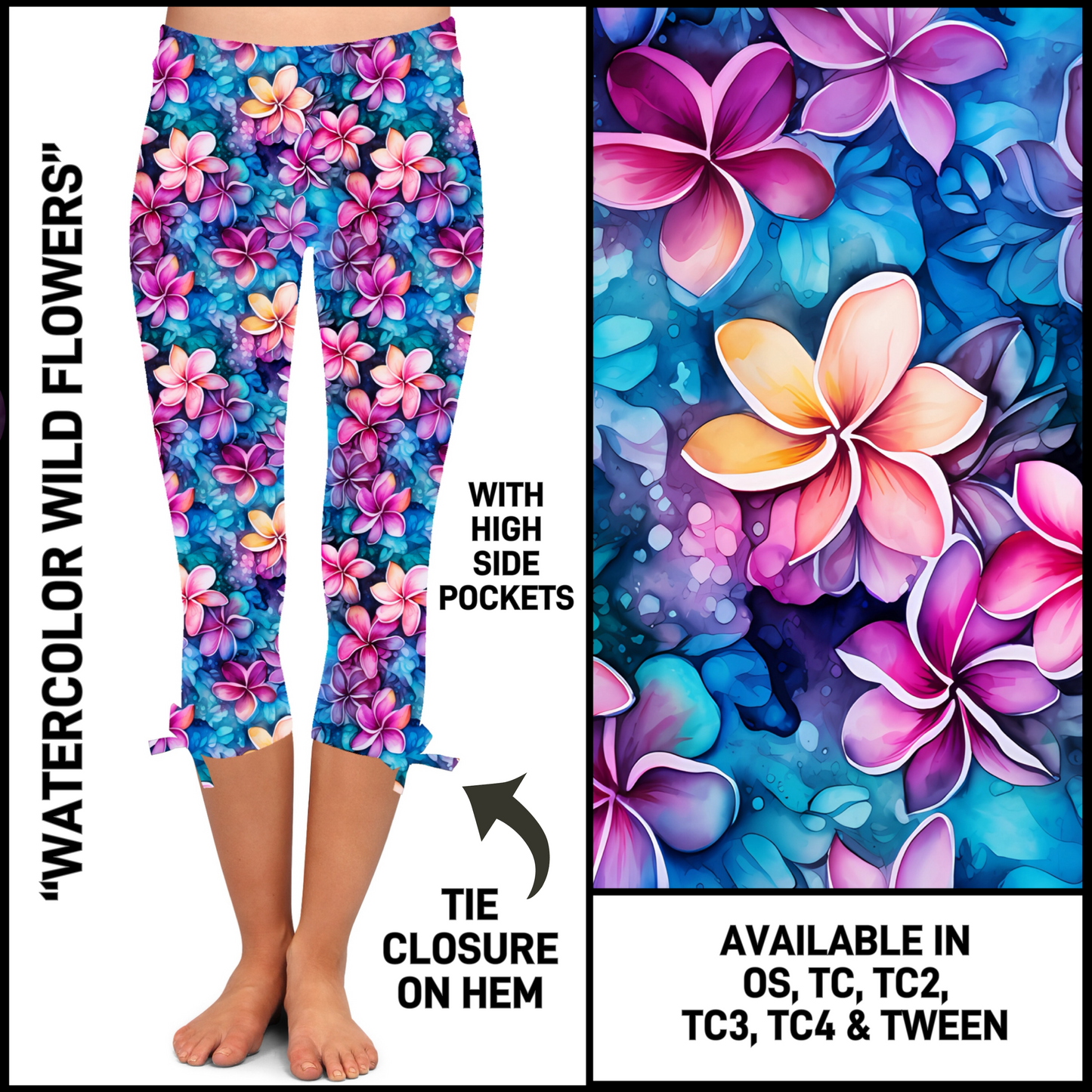 HM4T - Watercolor Wild Flowers Hem Tie Capris with Pockets - Preorder Closing 3/19 ETA: Late May