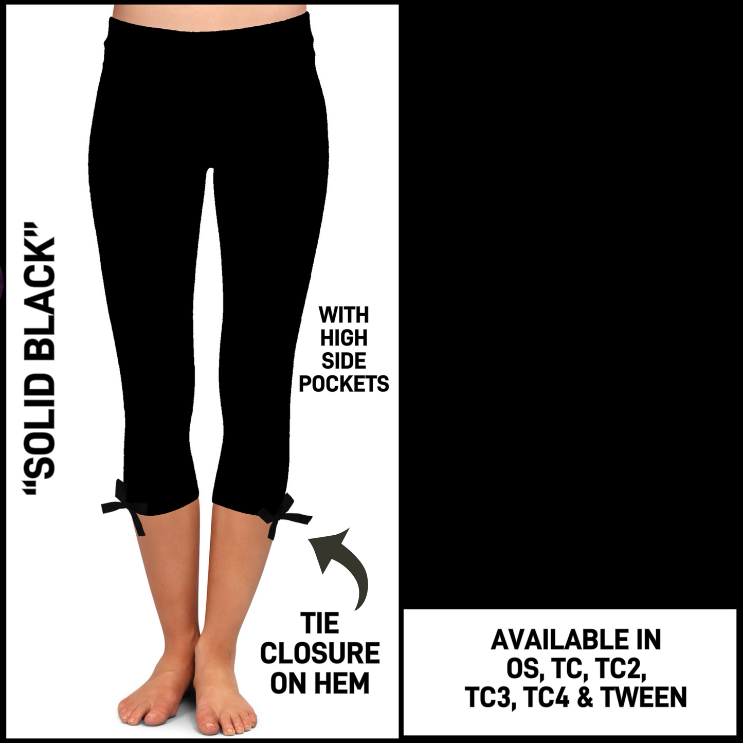 HM4T - Solid Black Hem Tie Capris with Pockets - Preorder Closing 3/19 ETA: Late May