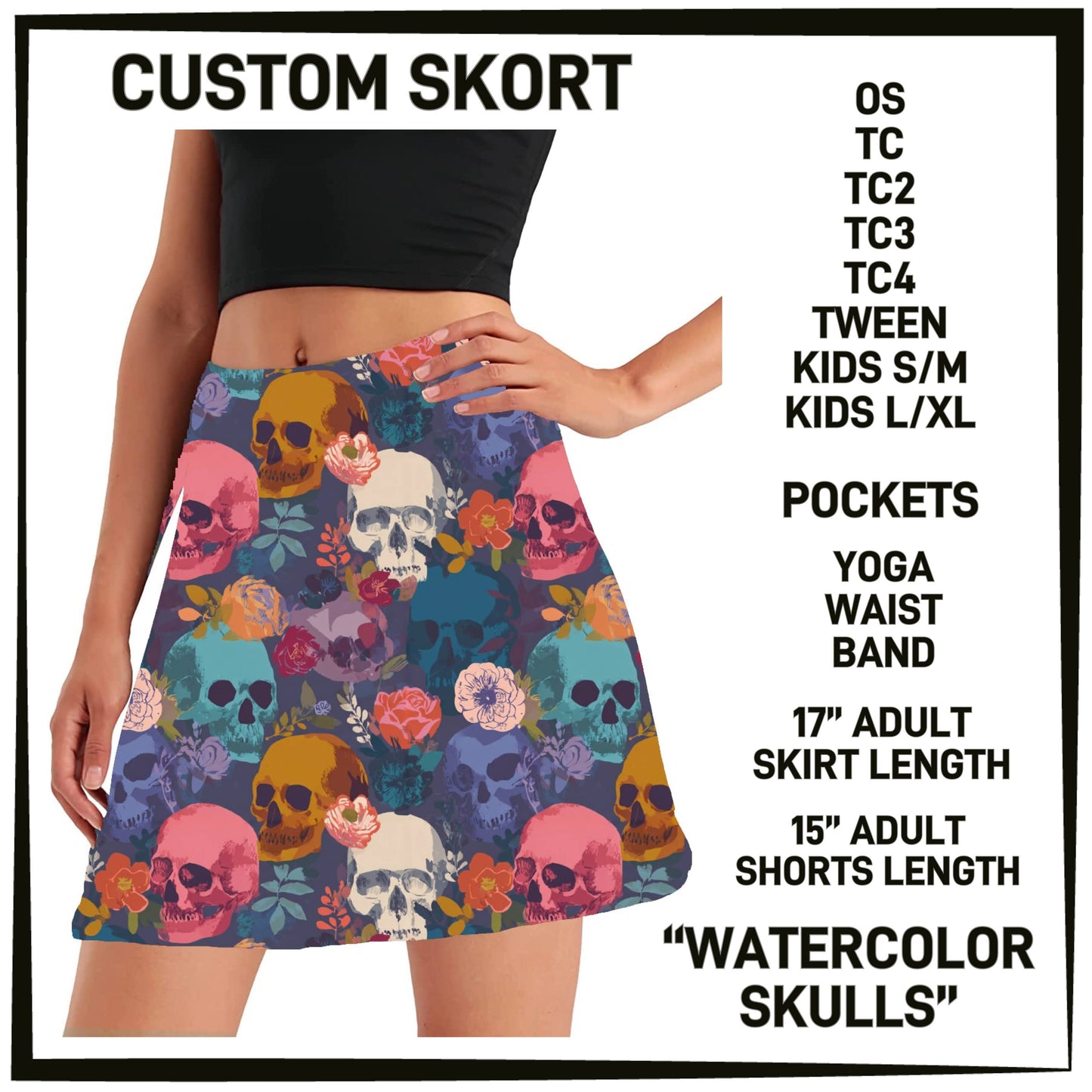 275BT - Watercolor Skulls Skort with Pockets - Preorder Closing 12/14 ETA: Mid-Feb