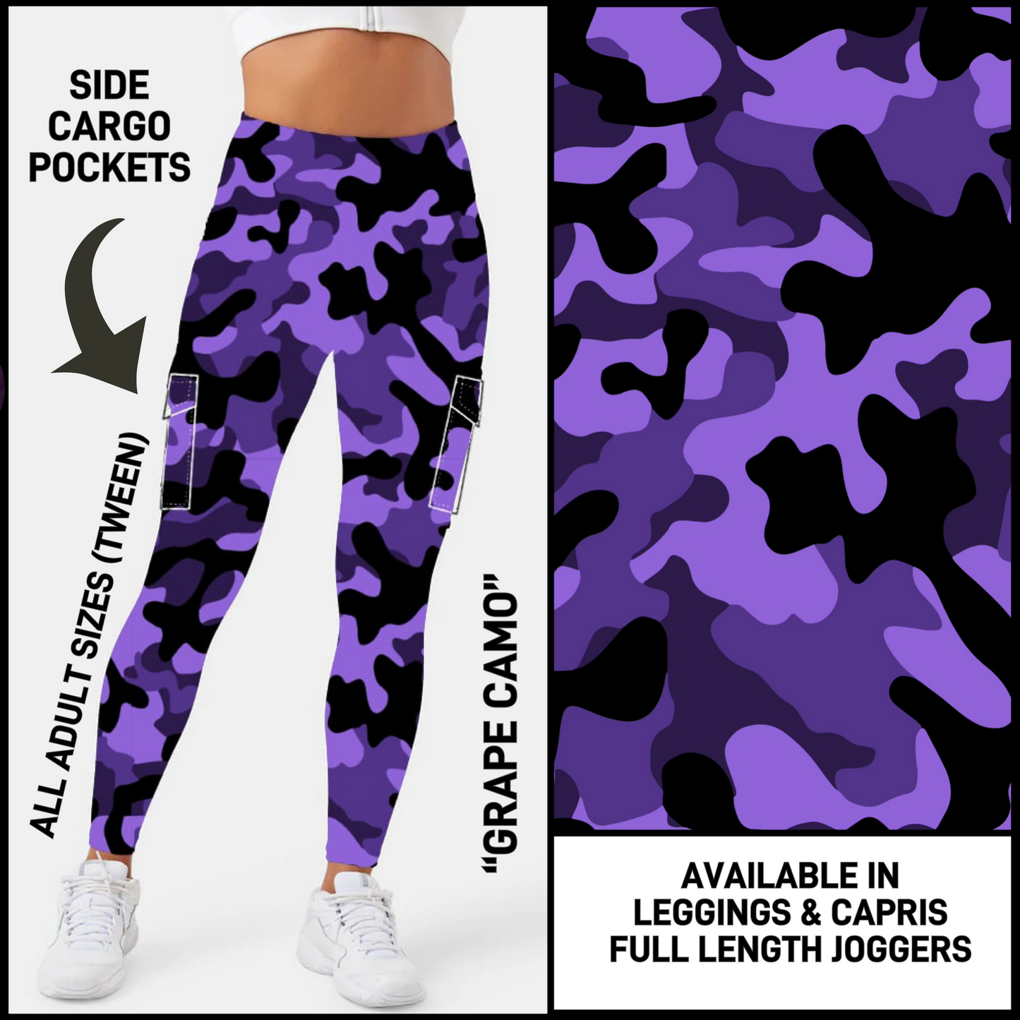 CP3B - Grape Camo Capris/Leggings/Unisex Joggers with Cargo Pockets - Preorder Closing 5/31 ETA: Early July