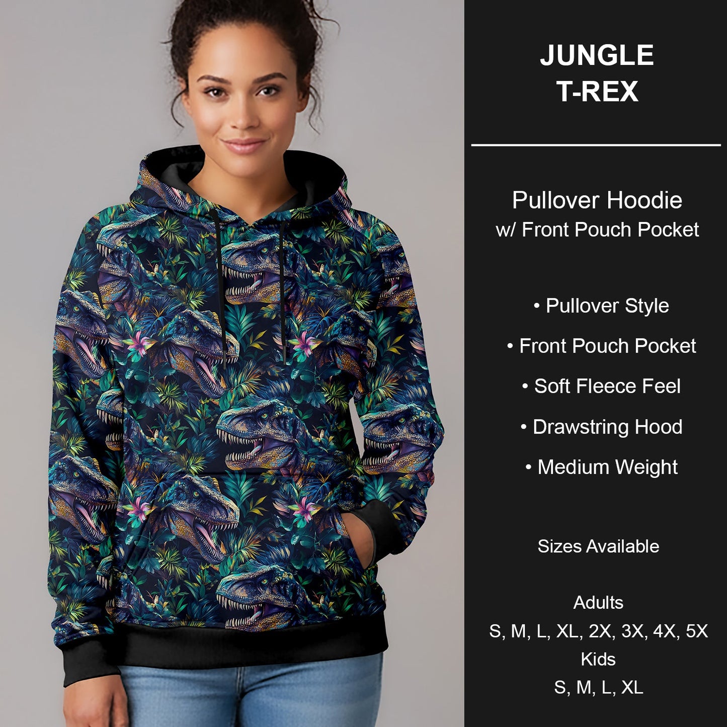 B266 - Preorder Jungle T-Rex Pullover Hoodie (Closes 12/17. ETA late Feb.)