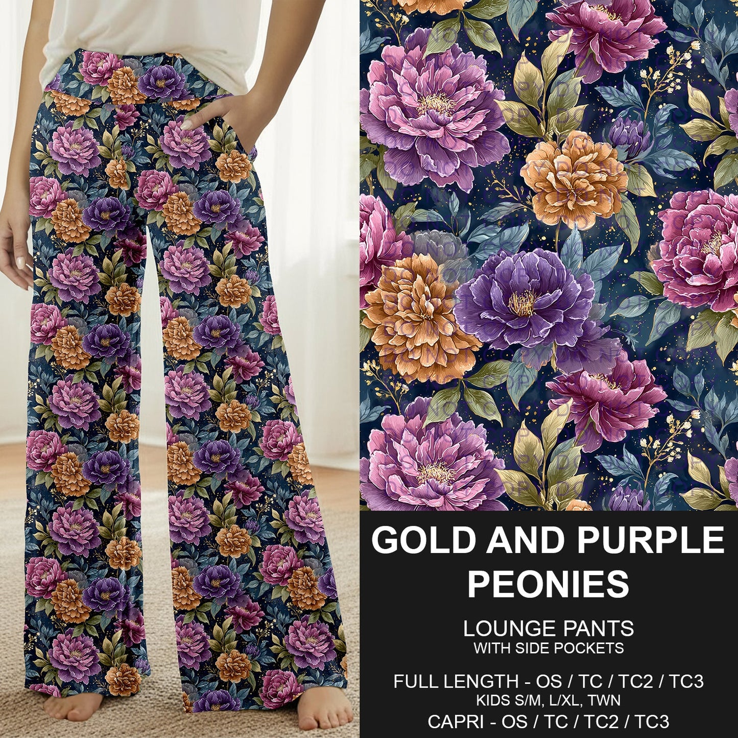 B278 - Preorder Gold and Purple Peonies Lounge Pants (Closes 3/15. ETA: late May)