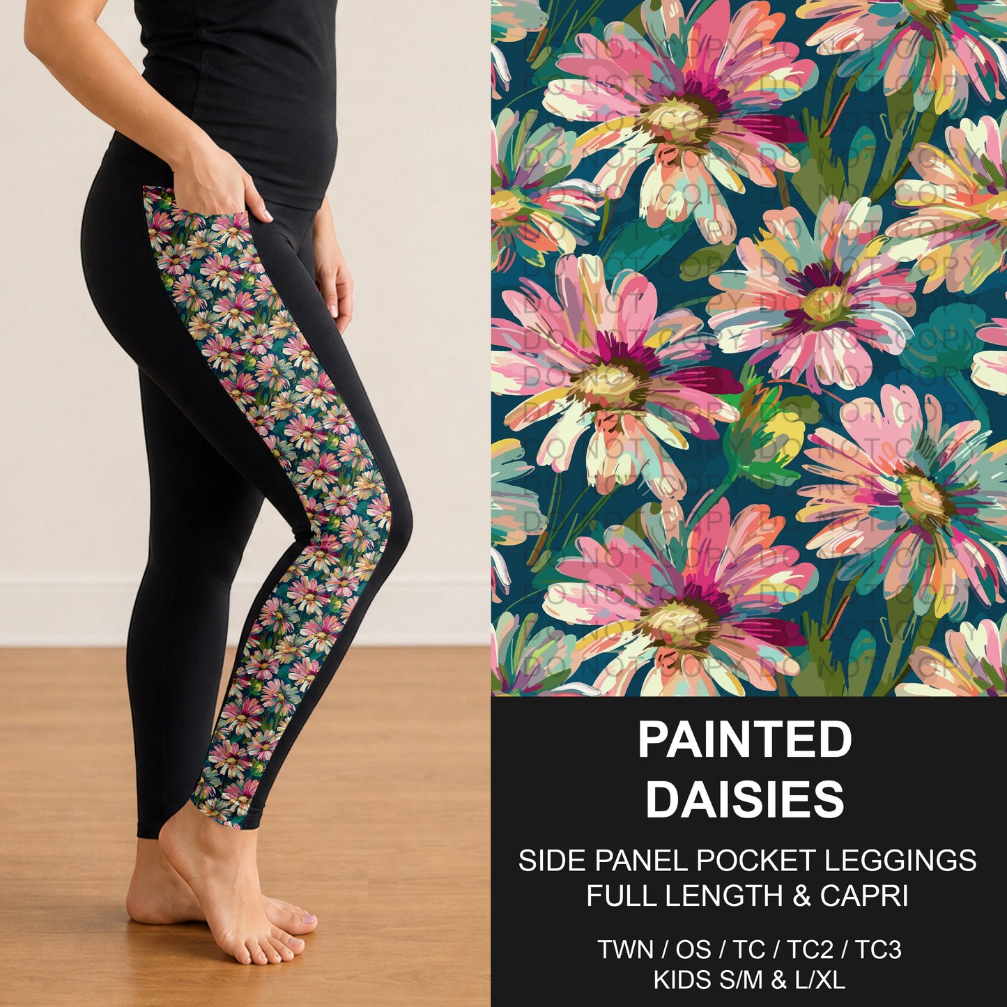 B309 - Preorder Painted Daisies Side Panel Pocket Leggings (Closes 8/23. ETA: late Oct.)