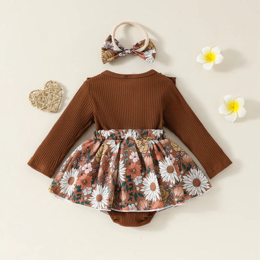 Baby Toddler Girls 2Pcs Fall Outfit Flower Print Ruffle Trim Long Sleeve Romper Dress Skirt Bow Headband Set