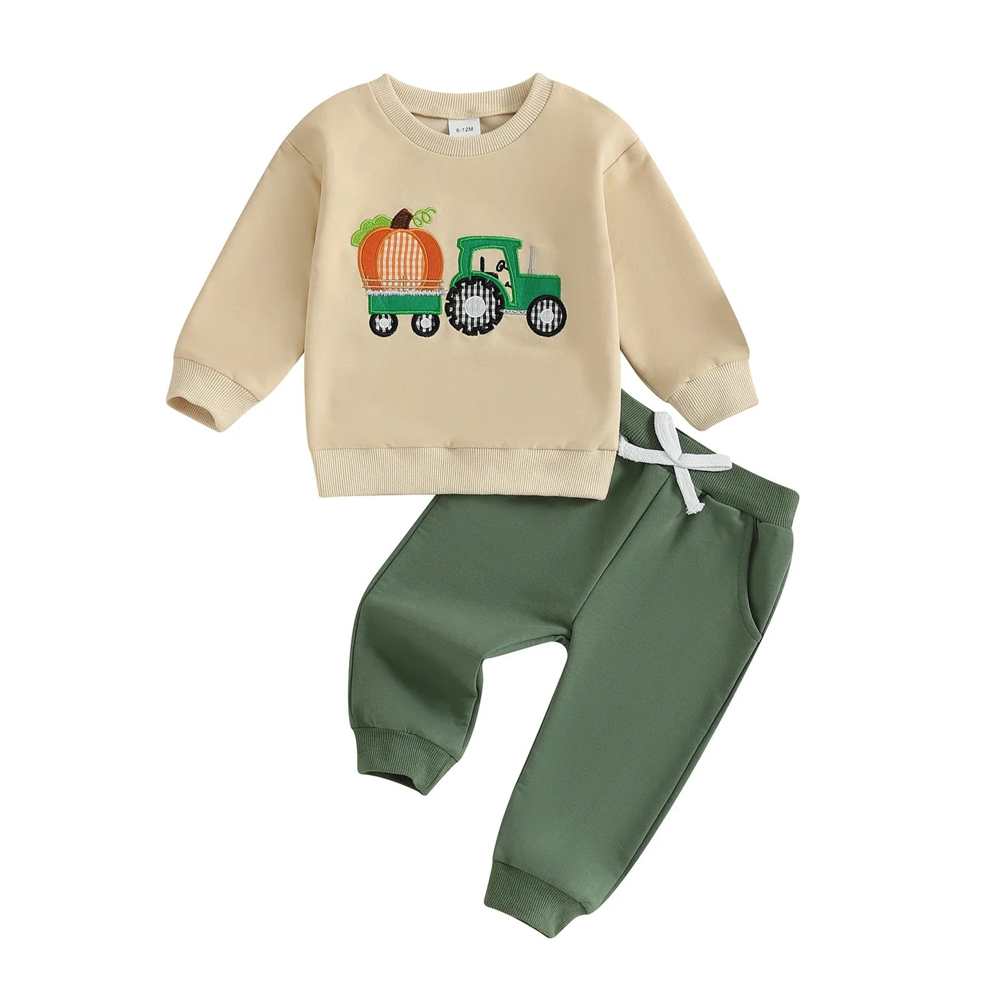 Baby Boy Fall Outfit Pumpkin Turkey Tractor Embroidery Long Sleeve Sweatshirt and Elastic Pants Clothes