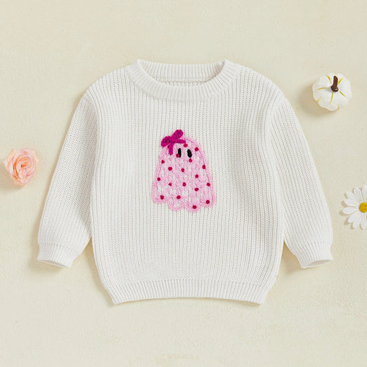 Baby Toddler Kids Girl Halloween Sweater Long Sleeve Round Neck Ghost Flower Embroidery Knit Pullover Top