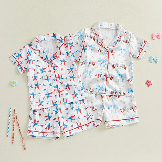Toddler Girls Patriotic Pajamas Set Summer Star/Bow Print Button up Short Sleeves Shirt with Elastic Shorts for Loungewear