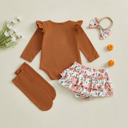Baby Girls 4Pcs Halloween Outfit Letter Mama's Pumpkin Long Sleeve Romper Pumpkin Ruffle Shorts Skirt Bow Headband Solid Stockings Set