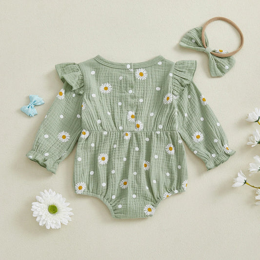 Baby Girl Fall Bubble Romper Daisy Print Long Sleeve Round Neck Bow Jumpsuit with Headband