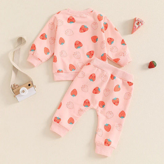 Baby Toddler Girls 2Pcs Fall Strawberry Print Outfit Long Sleeve Top Elastic Waist Pants with Pockets Set