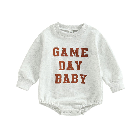 Infant Baby Boys Girls Bodysuit Long Sleeve Crew Neck Game Day Baby Football Print Jumpsuit Bubble Romper