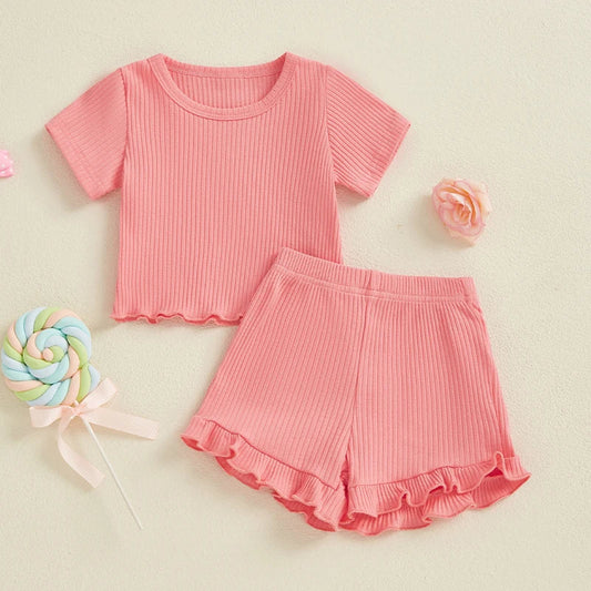 Baby Toddler Girls 2Pcs Ribbed Outfit Solid Color Short Sleeve T-Shirt Top Elastic Waist Ruffle Shorts Set