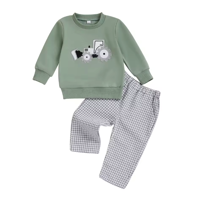Green Embroidered Tractor Grey Gingham Pant Set