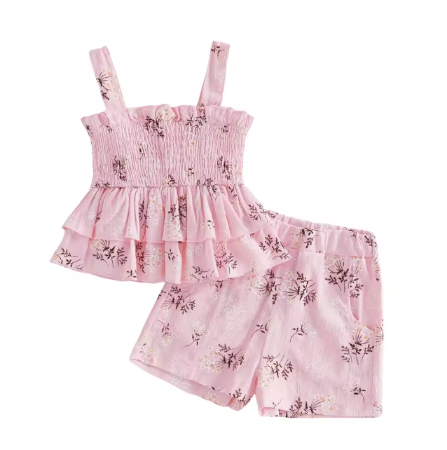 Pink Dainty Floral Ruffle Tank Set