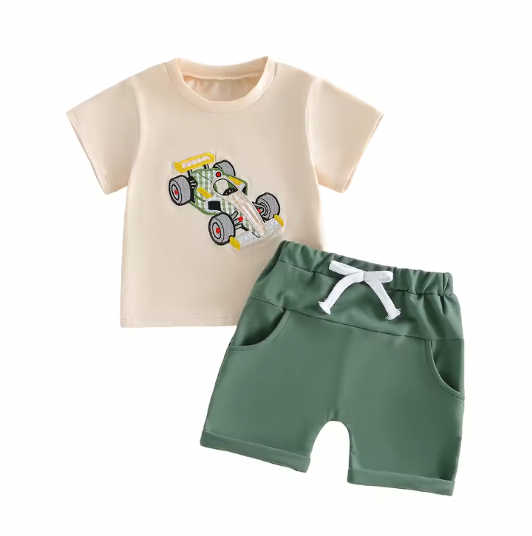 Embroidered Patchwork Racecar Short Set