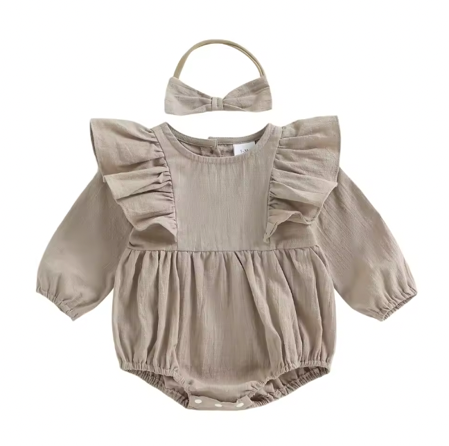 Khaki Ruffle Bubble Romper and Bow