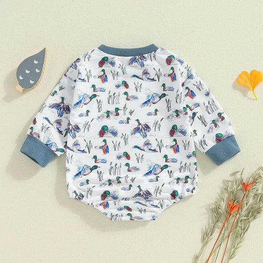 Baby Boys Fall Bodysuit Duck Print Long Sleeve Crewneck Jumpsuit Fall Spring