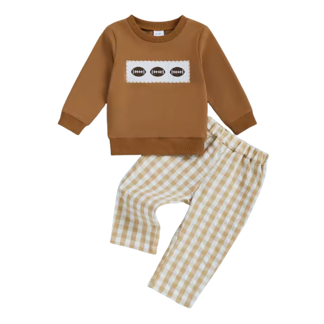 Football Embroidered Crewneck Gingham Pant Set