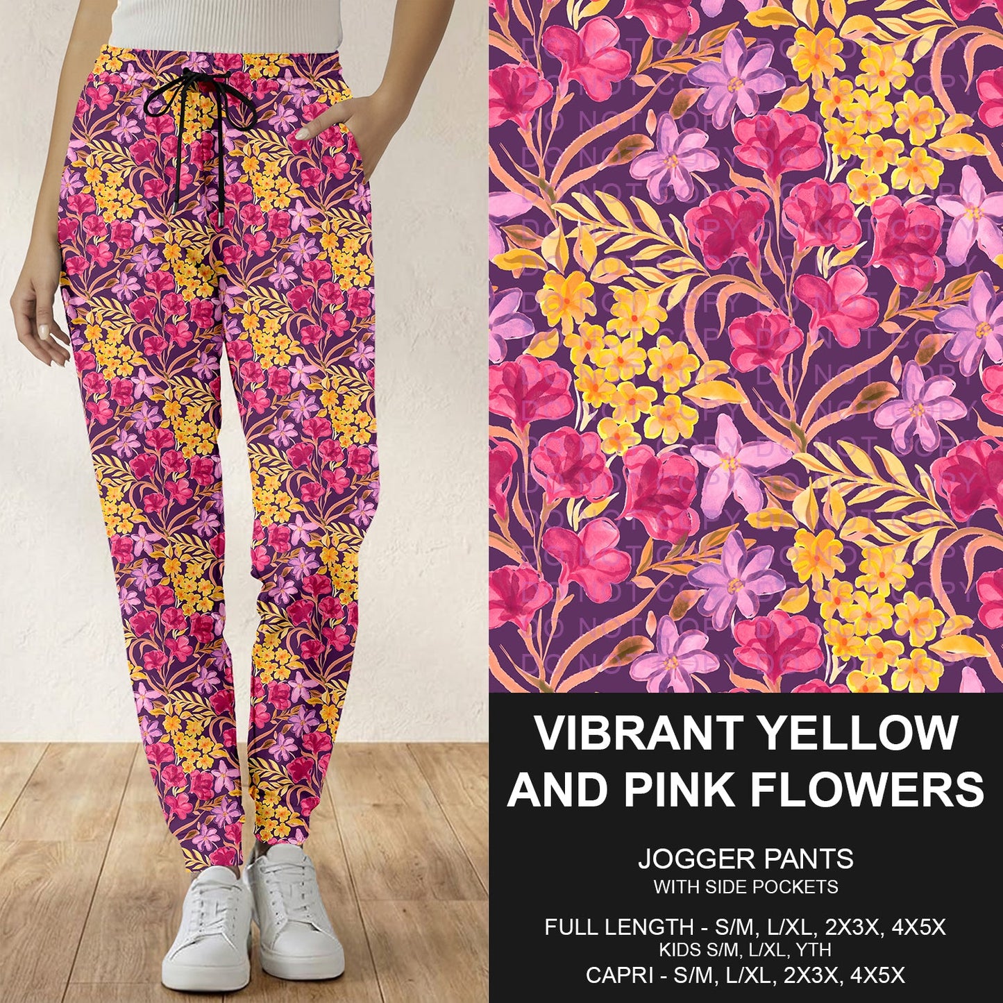 B294 - Preorder Vibrant Yellow and Pink Flowers Joggers (Closes 6/07. ETA: early Aug.)