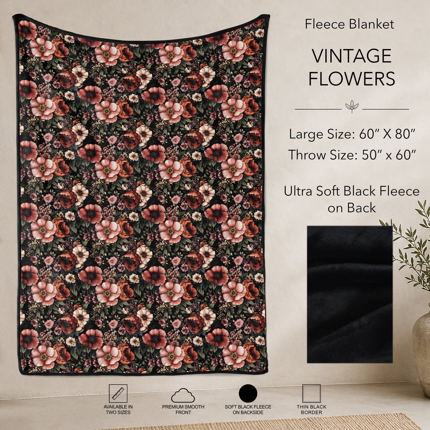 B304 - Pre-Order Vintage Flowers Fleece Blanket (Closes 7/31. ETA: early Oct)