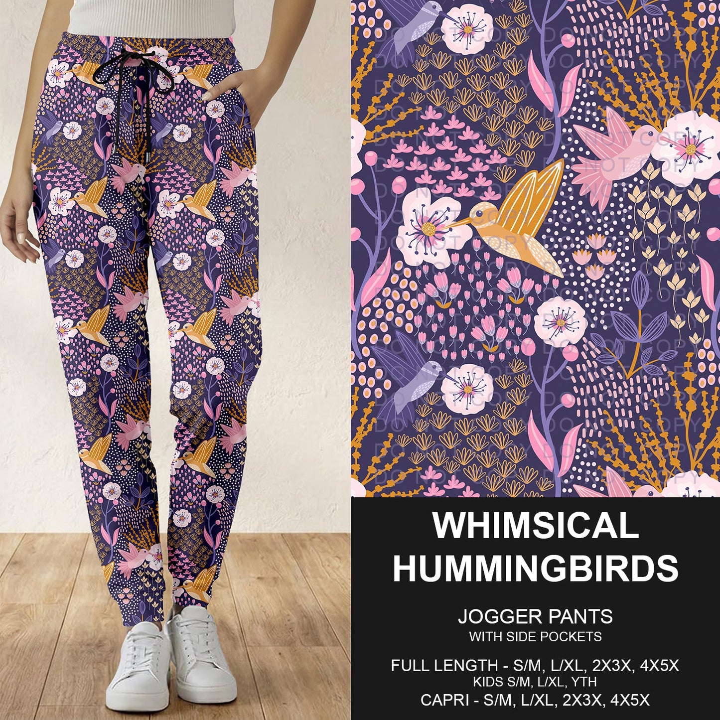 B283 - Preorder Whimsical Hummingbirds Joggers (Closes 4/05. ETA: mid June)