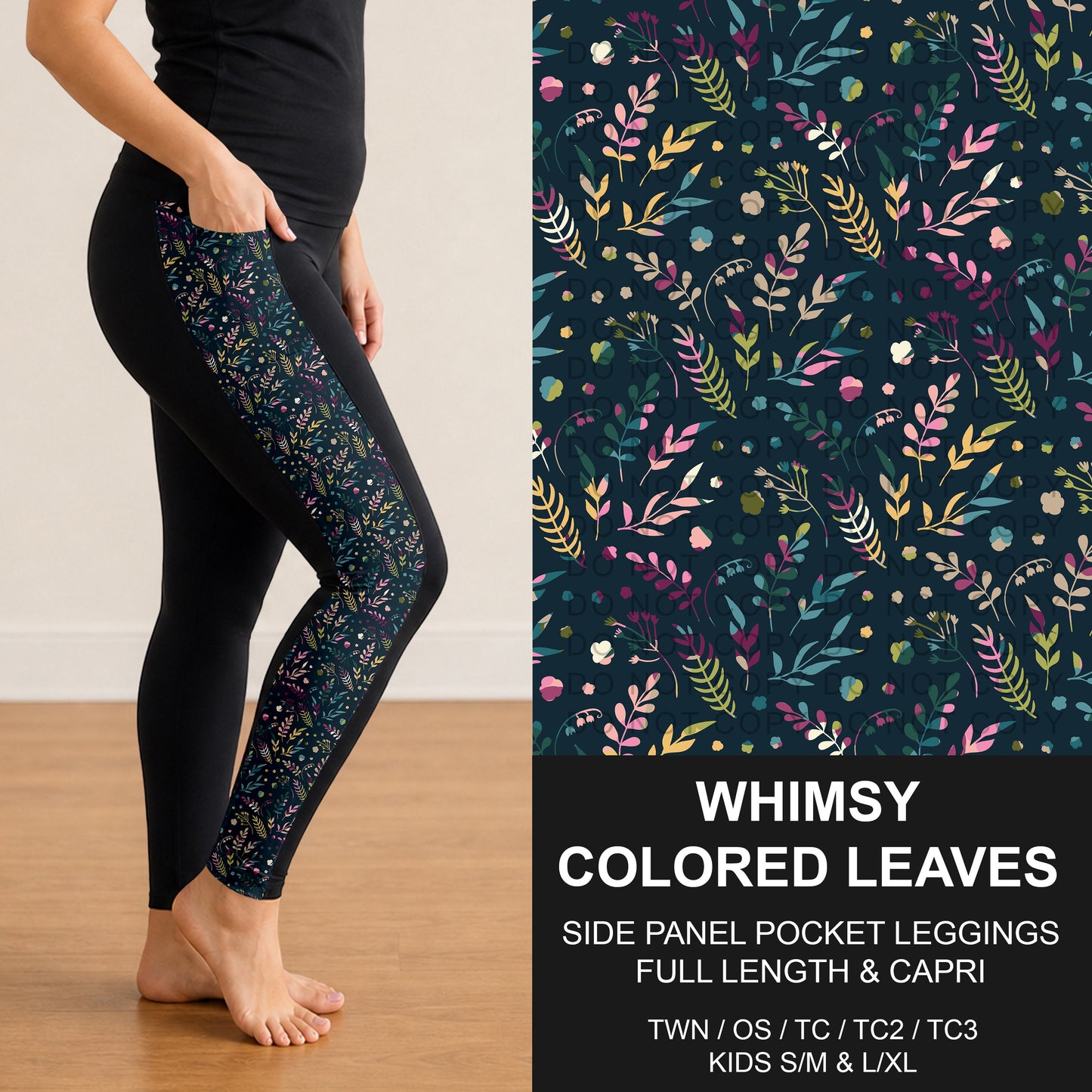 B309 - Preorder Whimsy Colored Leaves Side Panel Pocket Leggings (Closes 8/23. ETA: late Oct.)