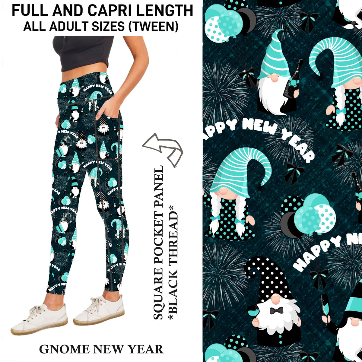 S3PJ - Gnome New Year Capris/Leggings with Square Pocket Panel - Preorder Due 10/28 ETA: Late Dec