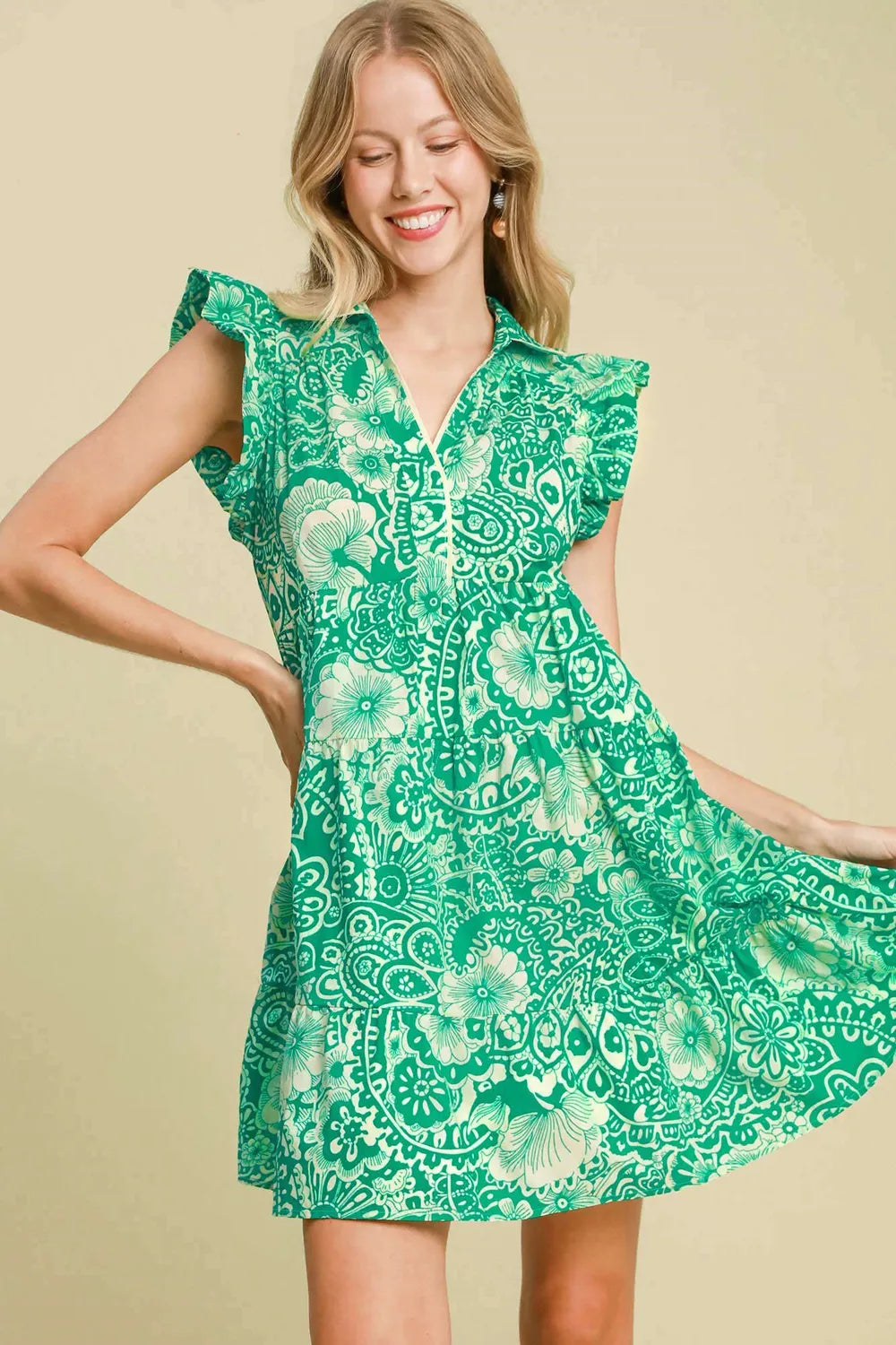 Umgee Full Size Printed Ruffle Cap Sleeve Babydoll Dress Plus Size Butterfly Gals Umgee Full Size Printed Ruffle Cap Sleeve Babydoll Dress Plus Size Butterfly Gals