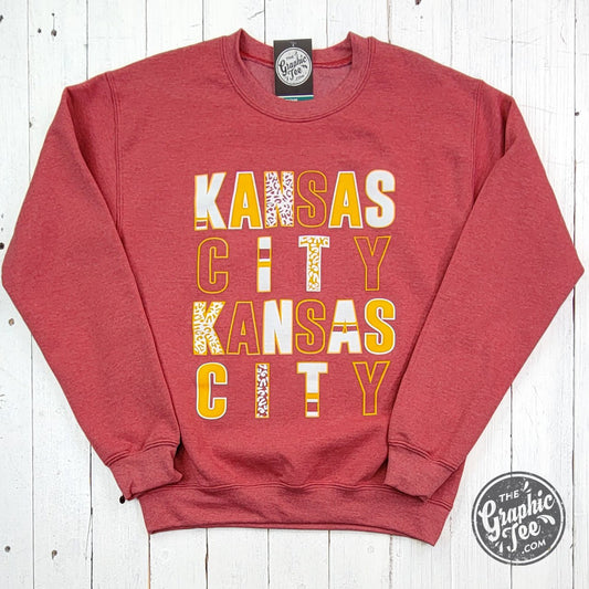 Kansas City Multi Pattern Letters Heather Sport Scarlet Crewneck Sweatshirt