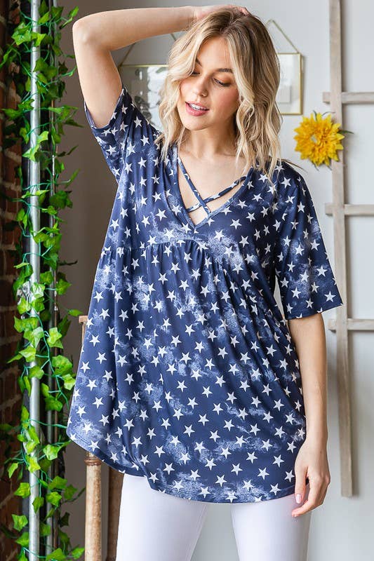 ET6117-28 BABYDOLL TOP: NAVY STAR / 2-2-2 (1X-2X-3X)