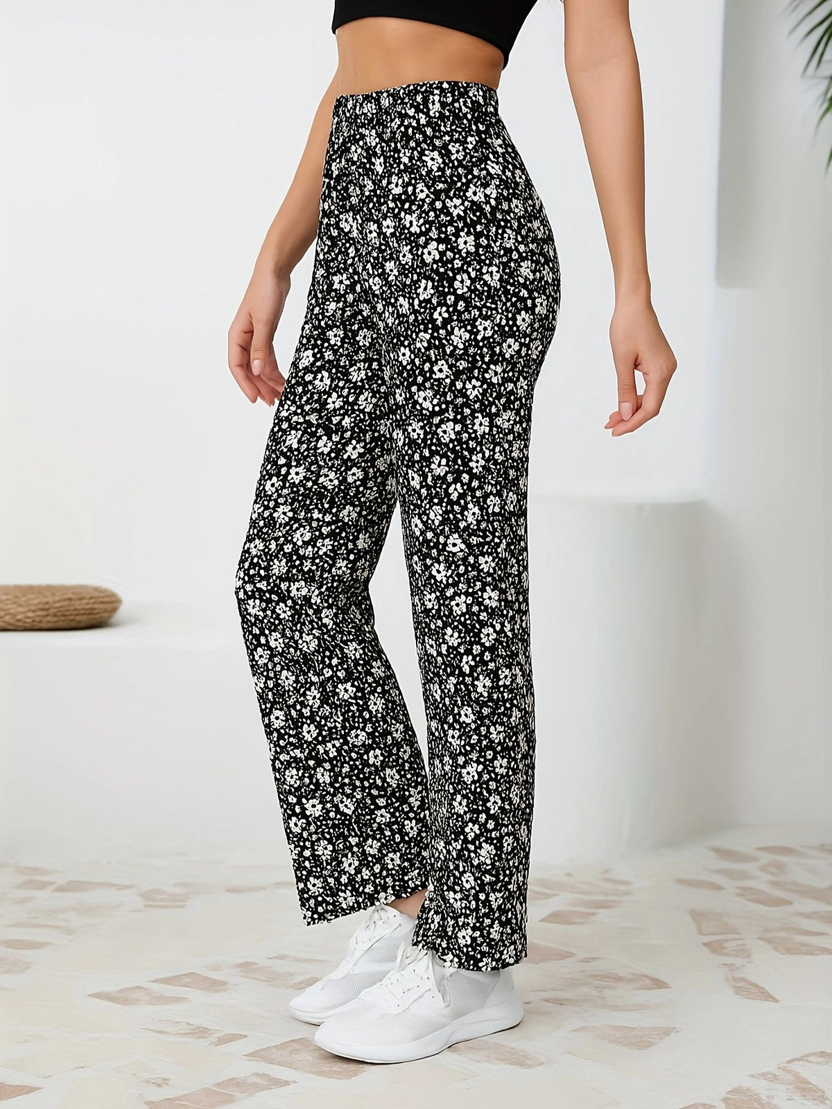 Leopard Print Wide Leg Pants – High-Waisted Stretch