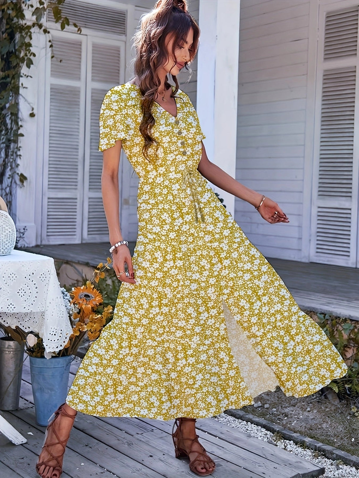 Long Floral Maxi Dress – Flowy V-Neck Dress with Side Slit