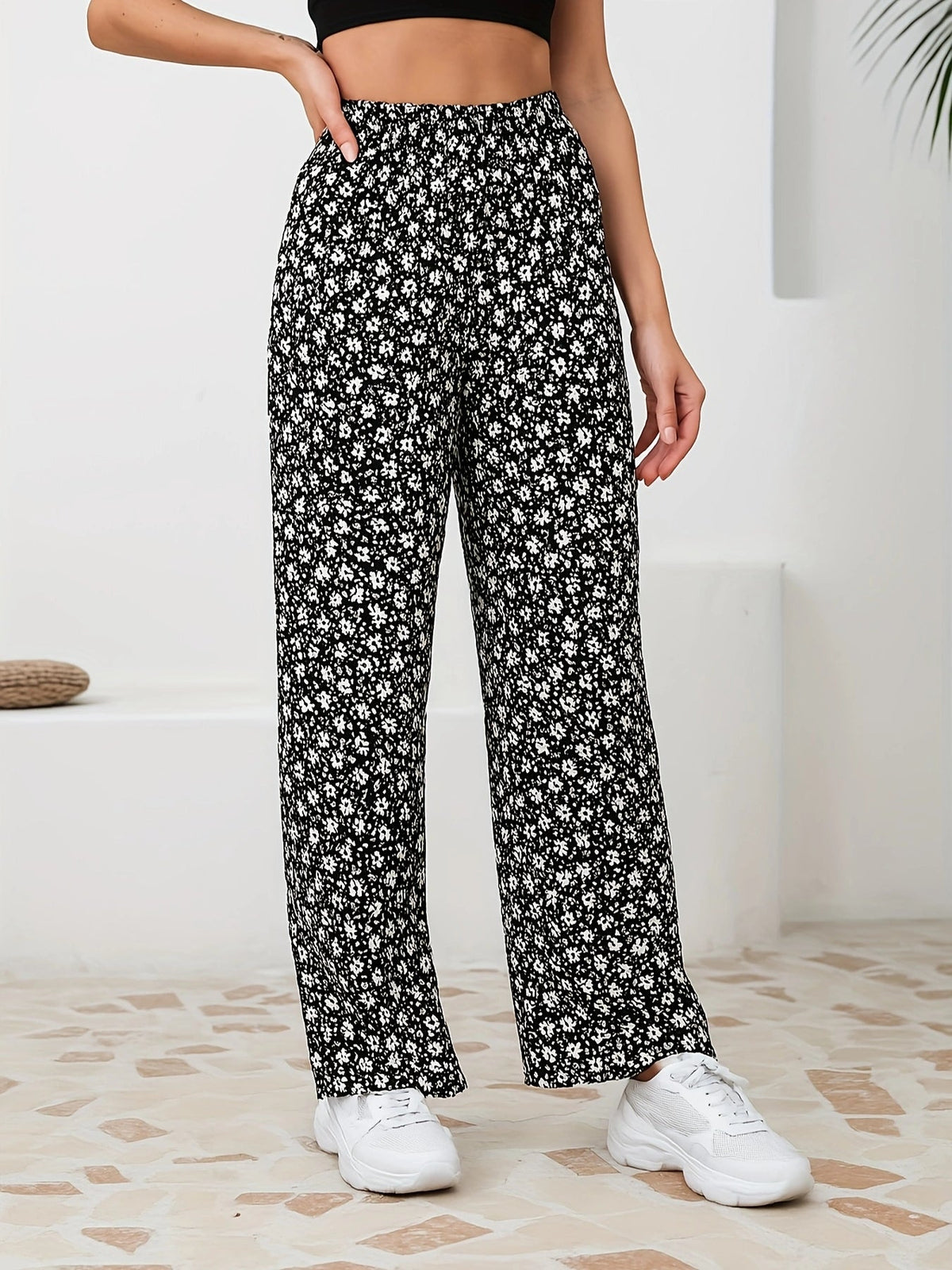 Floral Straight-Leg Pants – High-Waisted Flowy Wide-Leg Pants