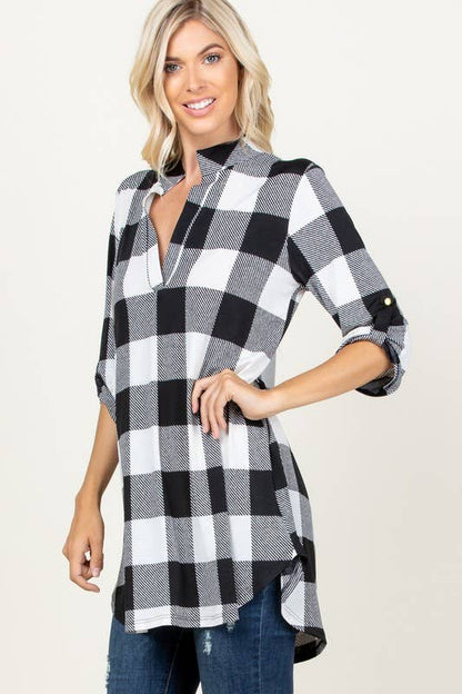 ST1454-20 PLAID TUNIC TOP: BLACK/RED / 2-2-2 (S-M-L)