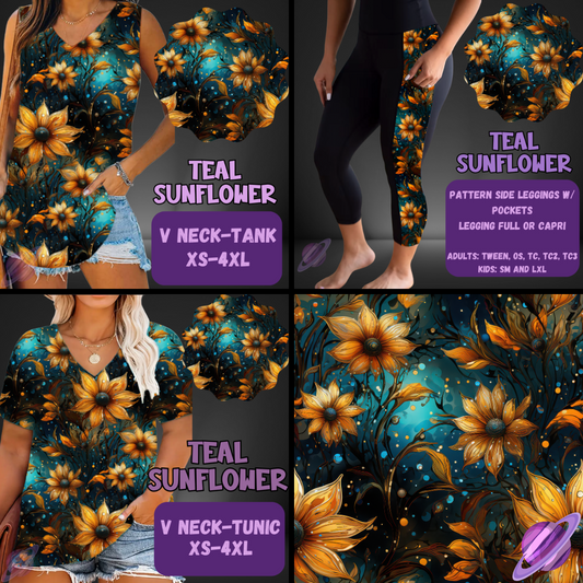 TEAL SUNFLOWER-PATTERN PANEL OUTFIT RUN-SOFT CLOSE 7/10 HARD CLOSE 7/12