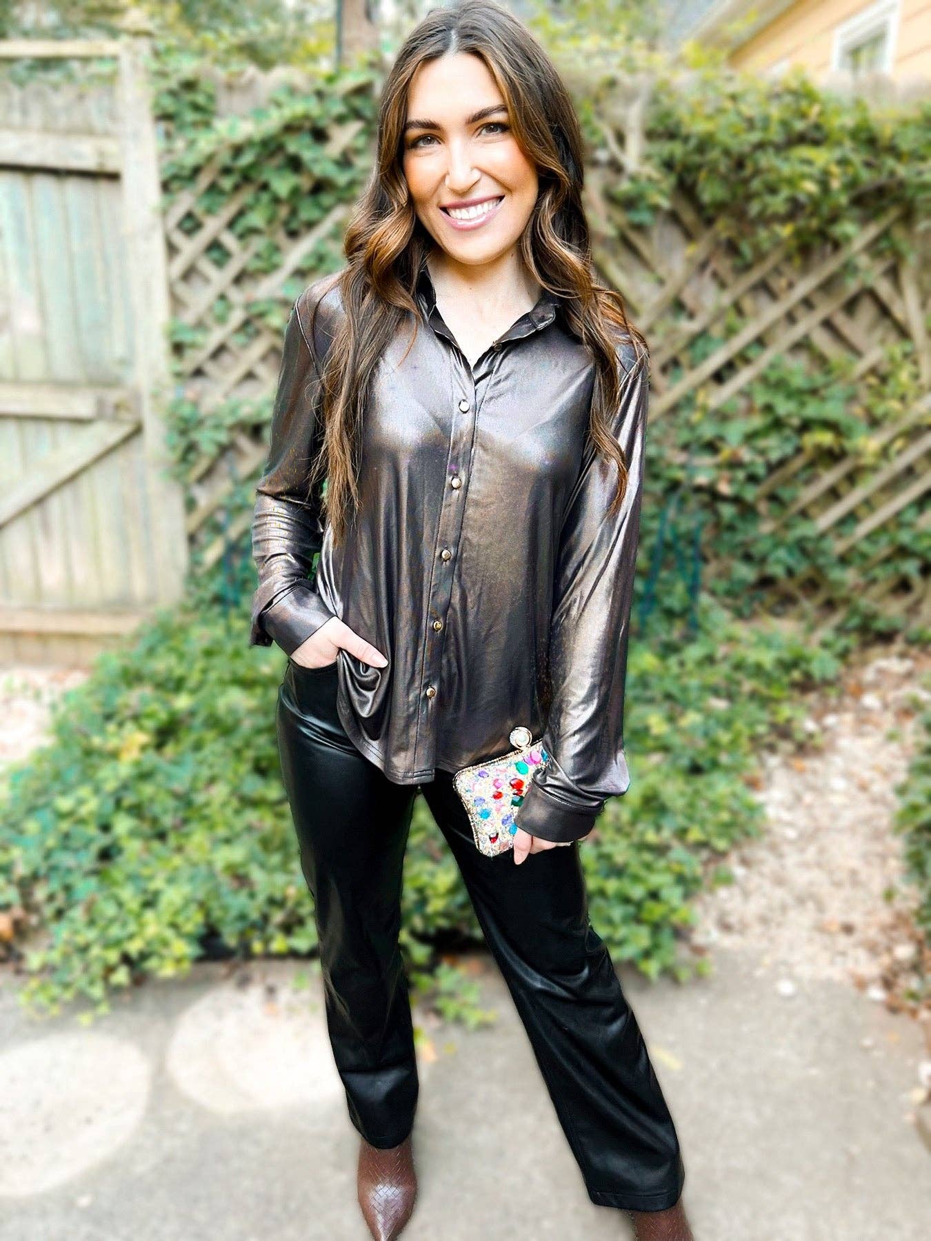 Halo Holographic Button-Up Blouse: Midnight Galaxy / L/XL