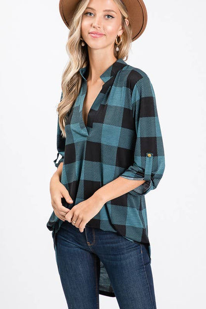 ST1454-20 PLAID TUNIC TOP: BLACK/IVORY / 2-2-2 (S-M-L)